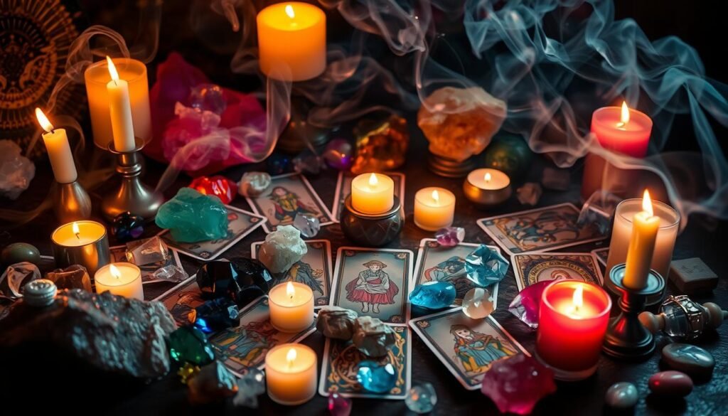 cristales y velas en rituales con tarot mágico